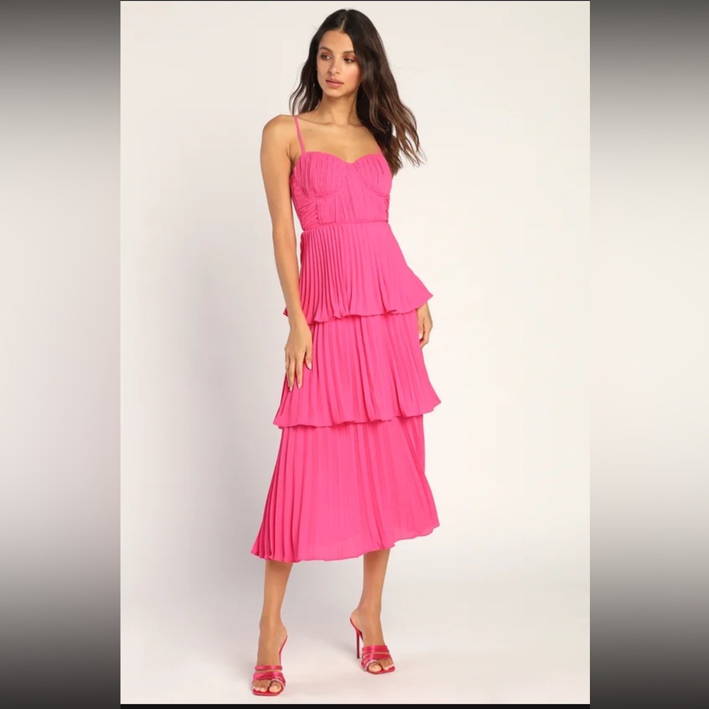 Lulu's Bright Pink Tiered Pleated Midi Dress